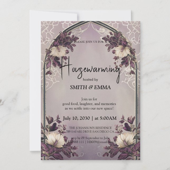 Elegant Floral Arch Housewarming Invitation with S (Front)
