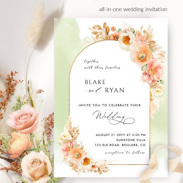 Elegant Floral Arch Peach Blush and Green Wedding Invitation (Creator Uploaded)