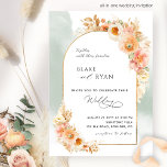 Elegant Floral Arch Peach Blush and Sage Wedding I Invitation<br><div class="desc">Delight your guests with this elegant Wedding invitation featuring your wedding details on exquisite arch with floral details in beautiful blend of peach, blush pink, cream and champagne hues and delicate soft sage green watercolor stain cascading behind. Option to change "together with their parents" to "together with their families", "together...</div>