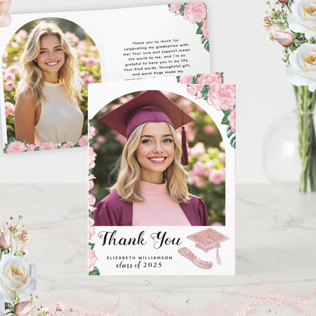 Elegant Floral Arch Photo Class of 2025 Graduation Thank You Card (Creator Uploaded)