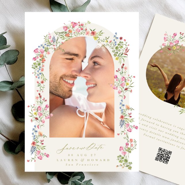 elegant floral arch spring wedding photo QR Code Save The Date (Creator Uploaded)