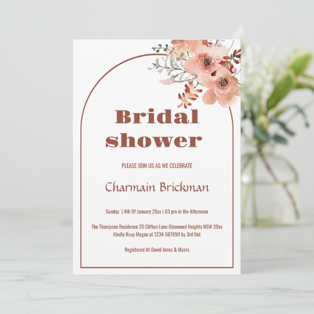 Elegant Floral Arch Terracotta Bridal Shower Invitation (Standing Front)