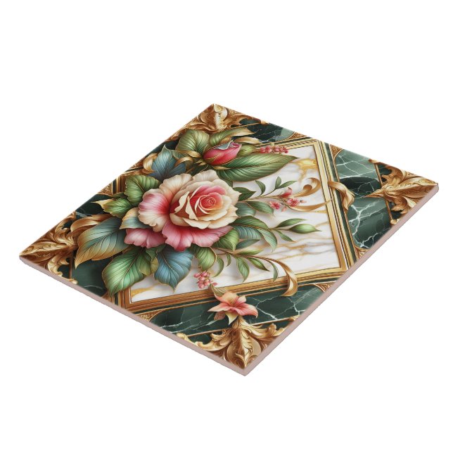 Elegant Floral Arrangement With Roses and Leaves Tile (Side)