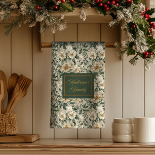 Elegant Floral Art Personalised Green Gold Towel 