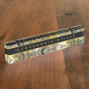 Elegant Floral   Artistic Abstract Black & Yellow Nameplate