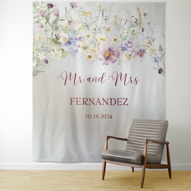 Elegant Floral Autumn Mr and Mrs Wedding Backdrop Tapestry (In Situ)