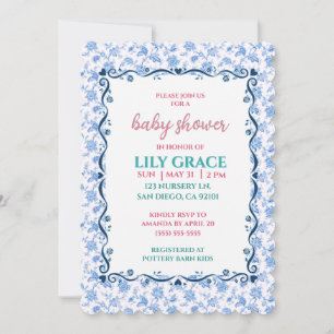 Elegant Floral Baby Shower Blue Bow Shabby Chic  Invitation