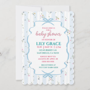 Elegant Floral Baby Shower Blue Bow Shabby Chic  Invitation