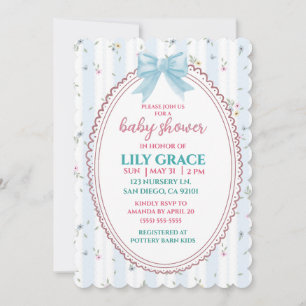 Elegant Floral Baby Shower Blue Bow Shabby Chic  Invitation