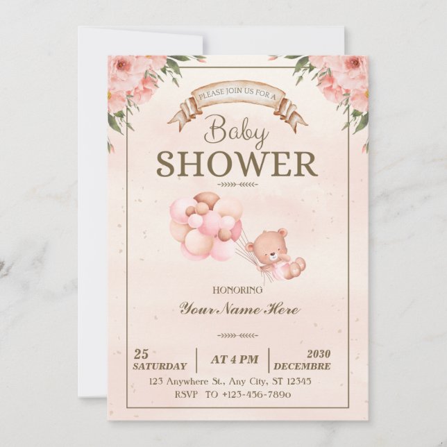 Elegant Floral Baby Shower Girl Invitation  (Front)
