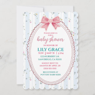 Elegant Floral Baby Shower Pink Bow Shabby Chic  Invitation