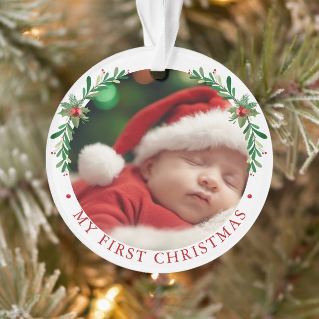 Elegant Floral Baby's First Christmas Photo  Ornament (Tree)