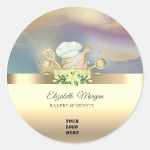Elegant Floral  Bakery Tools Gold Your Logo Classic Round Sticker