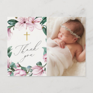 Elegant Floral Baptism 1-Photo Script Thank You Postcard