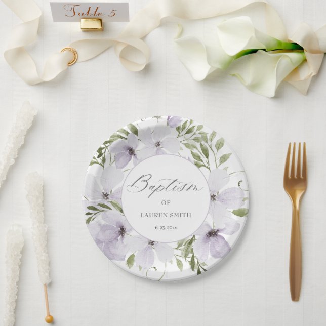 Elegant Floral Baptism Christening Script  Paper Plate (Wedding)