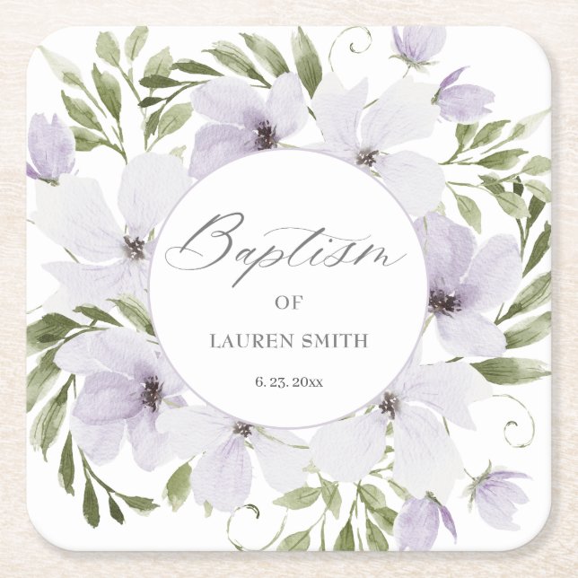 Elegant Floral Baptism Christening Script  Square Paper Coaster (Front)