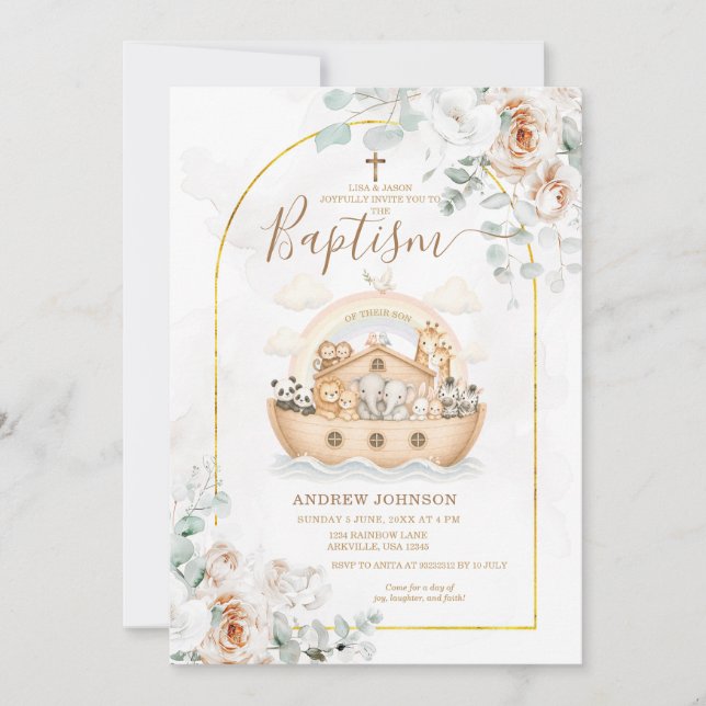 Elegant Floral Baptism Noah Ark Invitation  (Front)