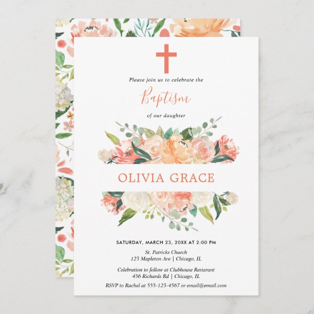 Elegant floral Baptism peach cream greenery Invitation (Front/Back)
