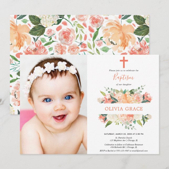 Elegant floral Baptism peach white cream girl Invitation (Front/Back)