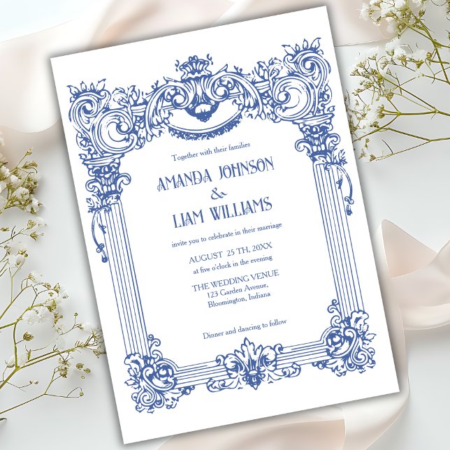 Elegant Floral Baroque Blue Column Wedding  Invitation (Creator Uploaded)