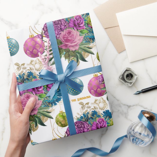 Elegant Floral Bauble Personalised Christmas Wrapping Paper (Gifting)