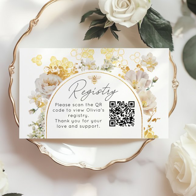 Elegant floral bee Registry QR Code Enclosure Card (Creator Uploaded)
