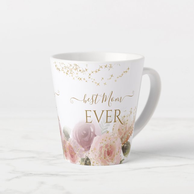 Elegant Floral Best Mum Ever Girly Gold Glitter Latte Mug (Right Angle)