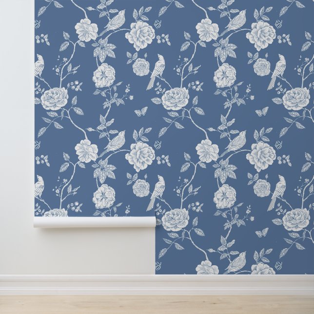 Elegant Floral Birds Blue Toile Wallpaper (Application)