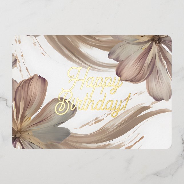 Elegant Floral Birthday Foil Card Beige and Brown  (Front)