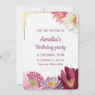 Elegant Floral Birthday Invitation with Gold Frame