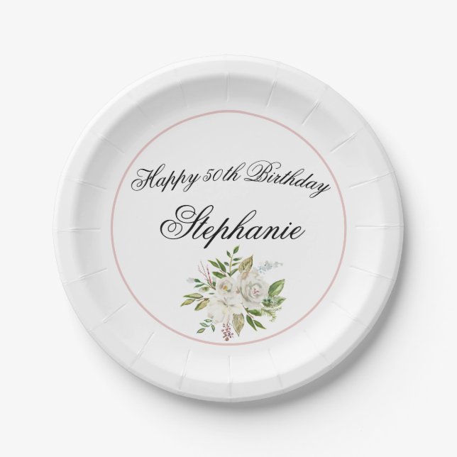 Elegant Floral Birthday Paper Plate (Front)