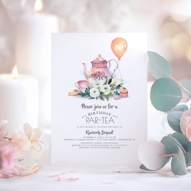 Elegant Floral Birthday Par-tea Invitation (Elegant birthday invitations "Par-Tea" for tea tasting simple casual and relaxed celebrations)
