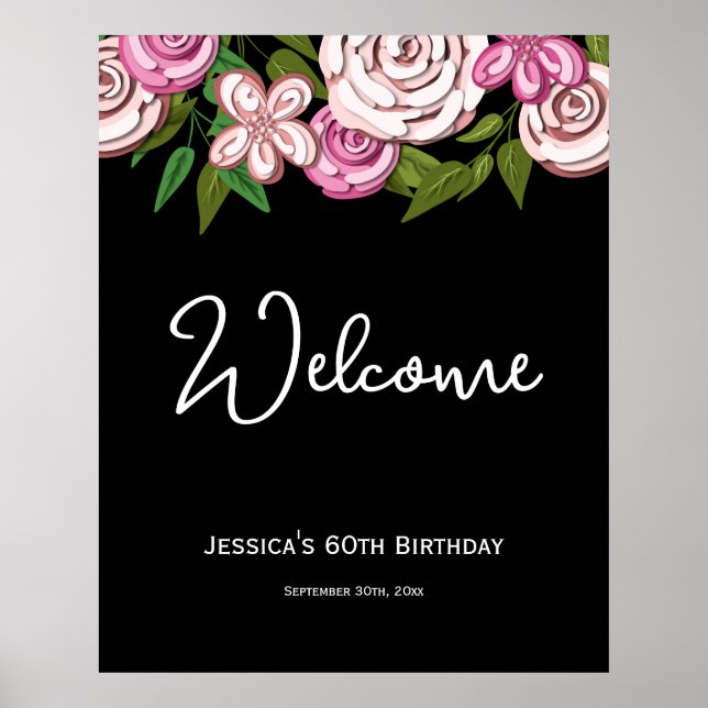 Elegant Floral Black 60th Birthday Welcome Poster (Front)