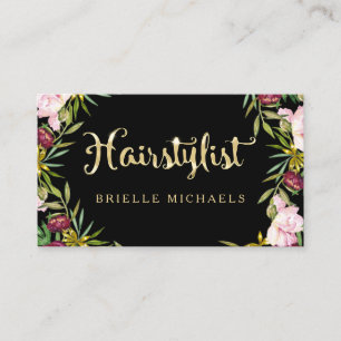 Elegant Floral Black and FAUX Gold Hairstylist Business Card