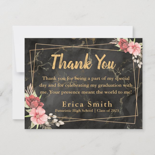 Elegant Floral Black And Gold Graduation Party Thank You Card (Front)