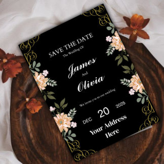 Elegant Floral Black and Gold Wedding Invitation