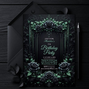 Elegant Floral Black and Green Party Invitation