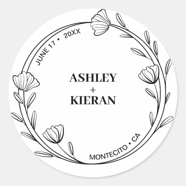 Elegant Floral Black and White Classic Round Sticker (Front)