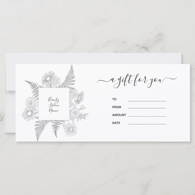 Elegant Floral Black And White Gift Certificate (Front)