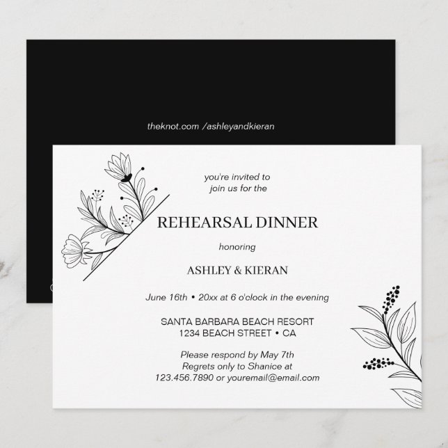 Elegant Floral Black and White Rehearsal Dinner Invitation (Front/Back)