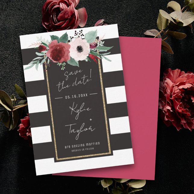 Elegant Floral Black and White Stripe Magenta Gold Save The Date (Creator Uploaded)