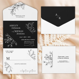 Elegant Floral Black and White Wedding All In One Invitation