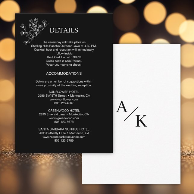 Elegant Floral Black and White Wedding Details  Enclosure Card (Creator Uploaded)