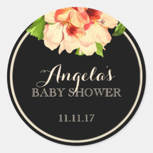 Elegant Floral & Black Baby Shower Gift Favours Classic Round Sticker