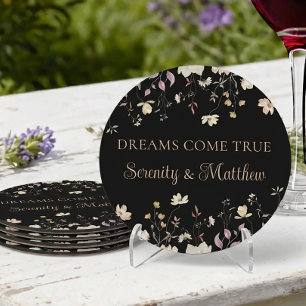 Elegant Floral Black Boho Dreams Come True Wedding Round Paper Coaster