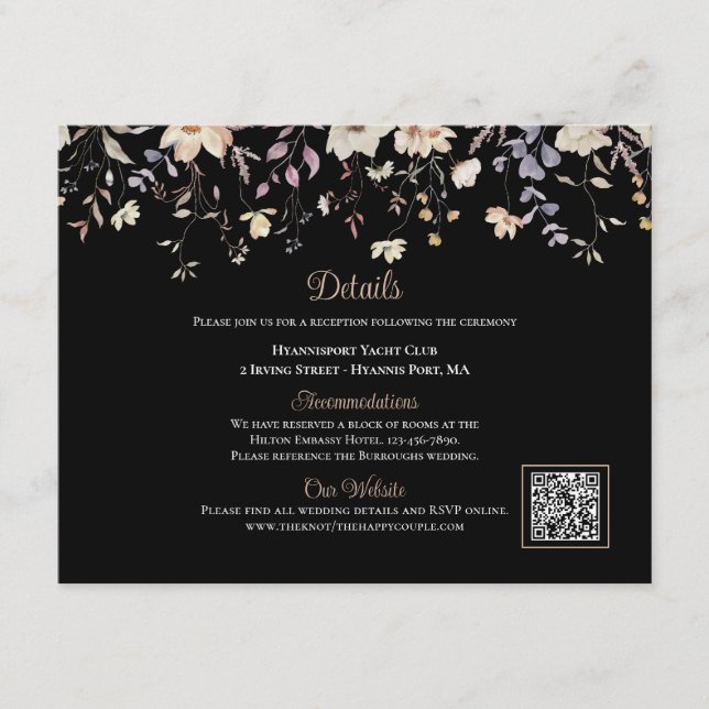 Elegant Floral Black Boho QR Code Wedding Details Enclosure Card (Front)