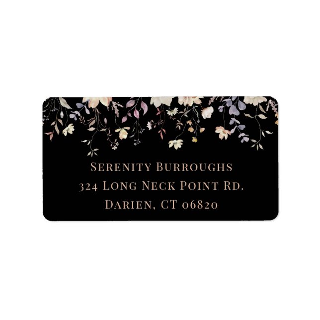 Elegant Floral Black Boho Wedding Return Address Label (Front)