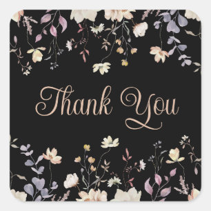 Elegant Floral Black Boho Wedding Thank You Square Sticker