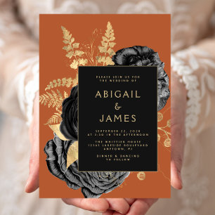 Elegant Floral Black Burnt Orange Gold Wedding Invitation