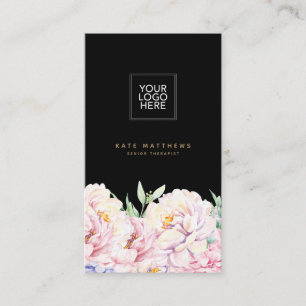 Elegant Floral Black Business Card with QR code 